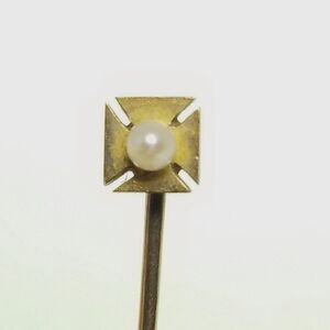 Vintage Maltese Cross Stick Pin, Gold Tone Faux Pearl Brooch, Antique Style